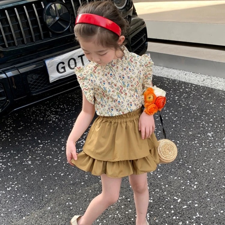 Girls' suit Summer 2024 new children's summer clothes baby girls' Western style thin fashionable children's skirt two-piece set