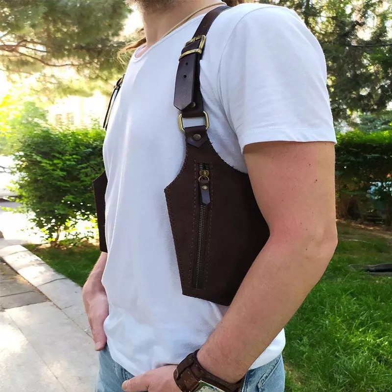 Cross Border wish Vintage Leather Strap Underarm Satchel Men's Outdoor Mobile Phone Bag Adjustable Zipper Small Bag Wallet