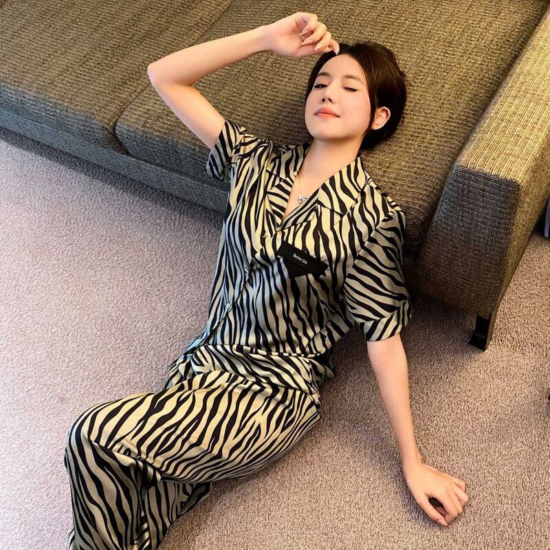 【緑シマウマ】新型パジャマ女性夏氷糸薄い半袖ファッション高級住宅服シマウマ柄シャツ|undefined
