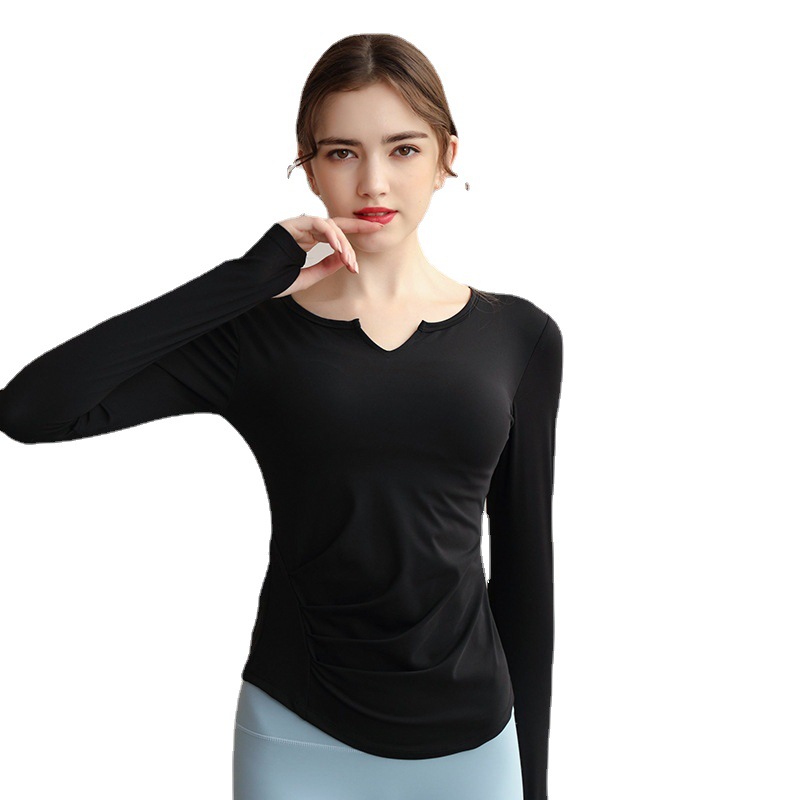 V-Neck Long-Sleeved Yoga Clothes Top Women's Summer Quick-Dry Sports Dance Fitness Clothes with Chest Pad Long Slim T-Shirt
