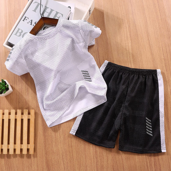 Children's short-sleeved suit running sportswear quick-drying boys and girls summer thin pullover shorts children's clothing two-piece suit