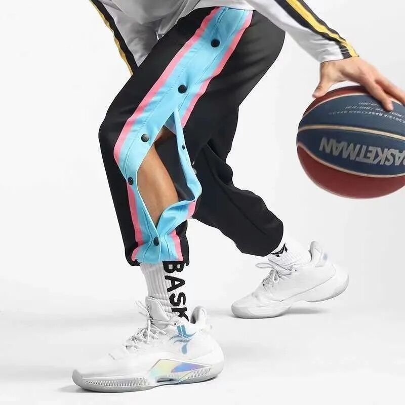 European and American breasted pants men's full open loose trend wide leg side buttons casual toe basketball training sports pants