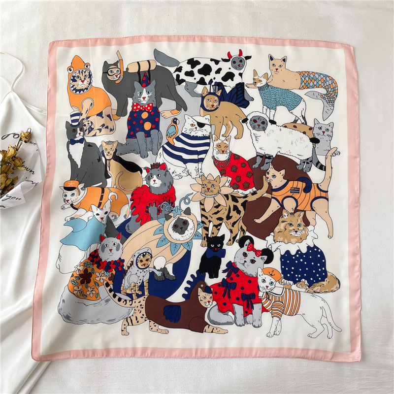 Spring and Summer Cartoon Cute Silk Scarf Small Square Silk 70cm Scarf Women's Korean Style Cat Hair Belt Decorative Headscarf