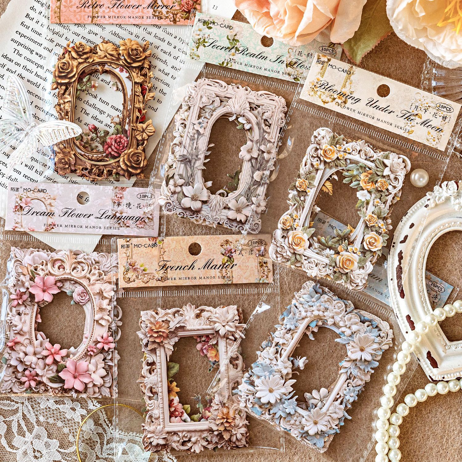 Momo collage card flower mirror Manor series flower vintage hollow border Journal decoration 10 pieces into 6 models