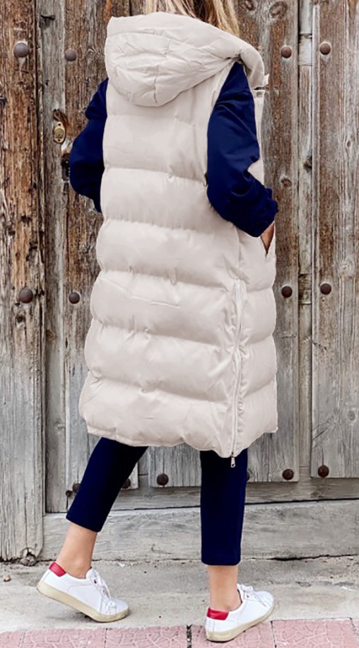 2022 autumn and winter solid color hooded long cotton-padded jacket women's loose warm casual fashion single-breasted zipper sleeveless jacket_voghion.com