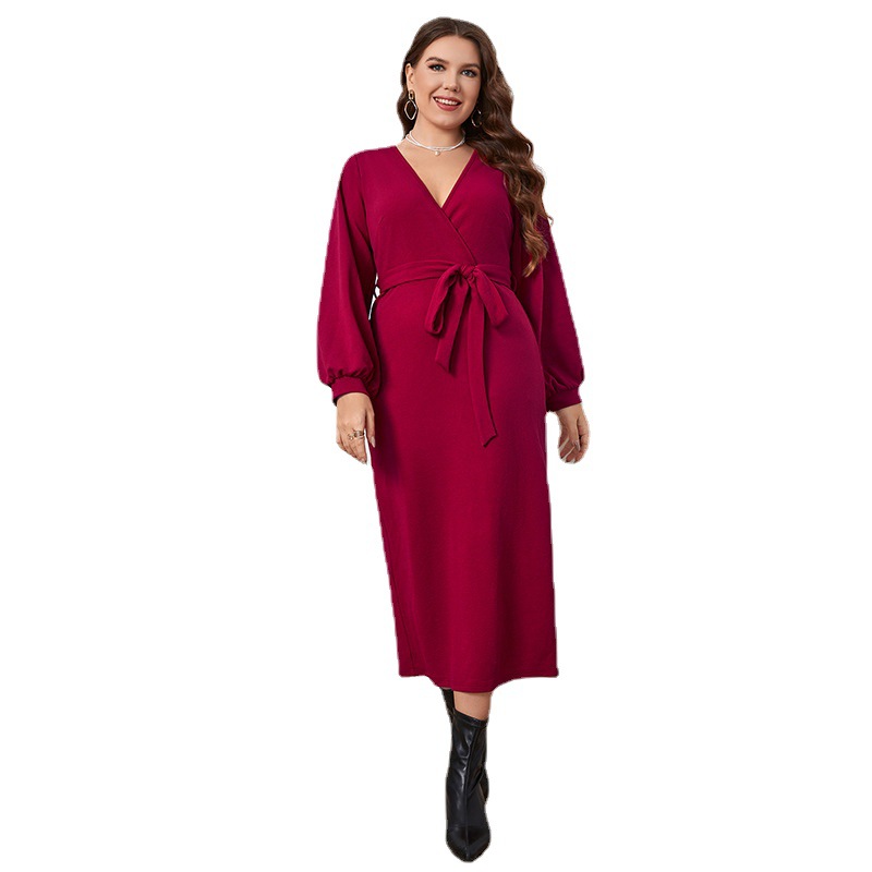 Independently developed European and American foreign trade Amazon AliExpress spring and autumn V-neck red long-sleeved slim dress