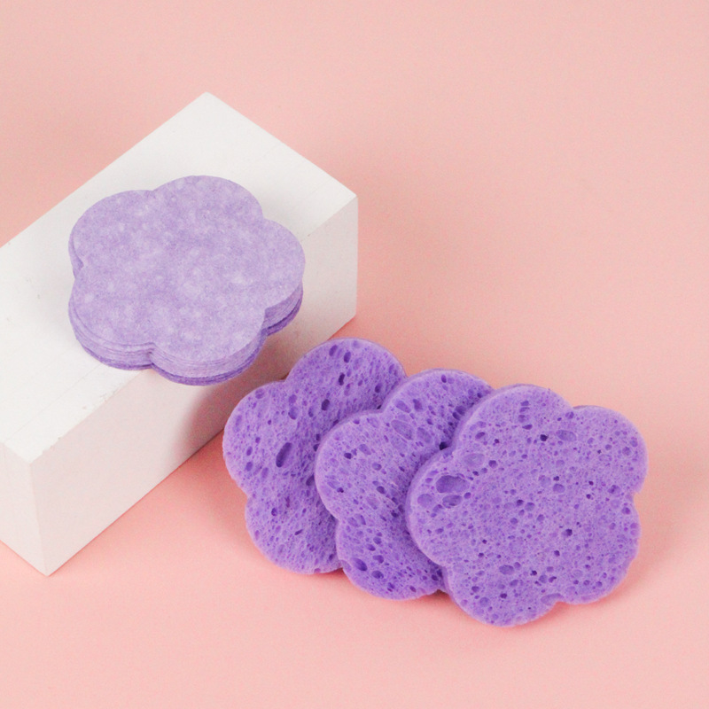 Compressed degradable wood pulp cotton face washing puff thickened flower-shaped purple face washing sponge thickened when exposed to water cleaning face puff