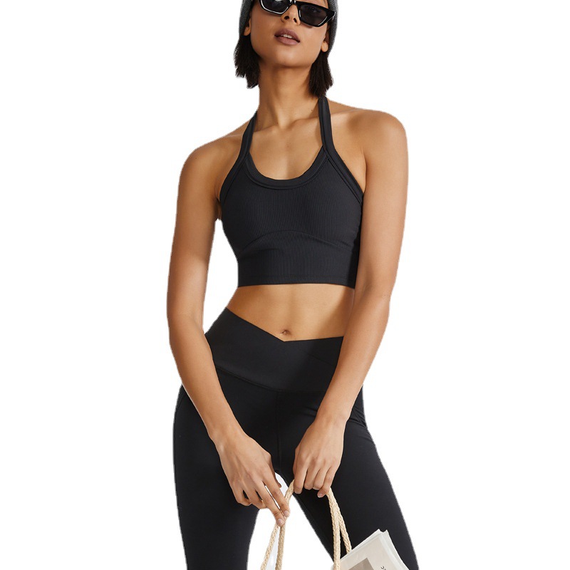 2022 New European and American Fitness Sports Bra Underwear Women's lulu Rib Neck Shock Absorption Gather Yoga Vest