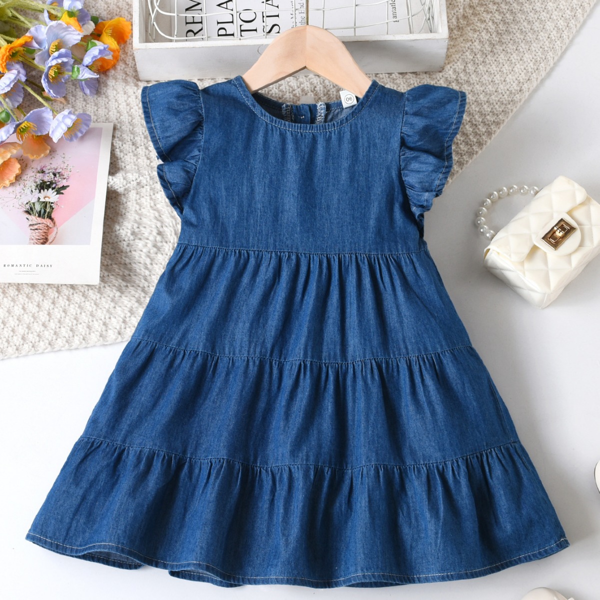 Children's Ruffled Denim Skirt 2024 New Girls' Dress Summer Korean Loose Round Neck Large Skirt Children's Wear