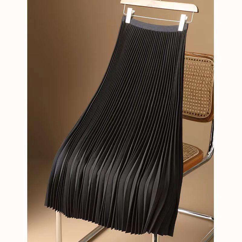 Cross-border Satin High-grade Solid Color Pleated Skirt 2023 Summer Thin Mid-length Knee-high Waist A- line Skirt Skirt