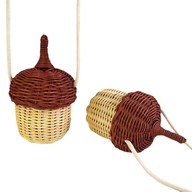 Southeast Asian Style Mini Small Satchel Pine Cone Shape Vintage with Lid Crossbody Rattan Woven Small Sling Basket