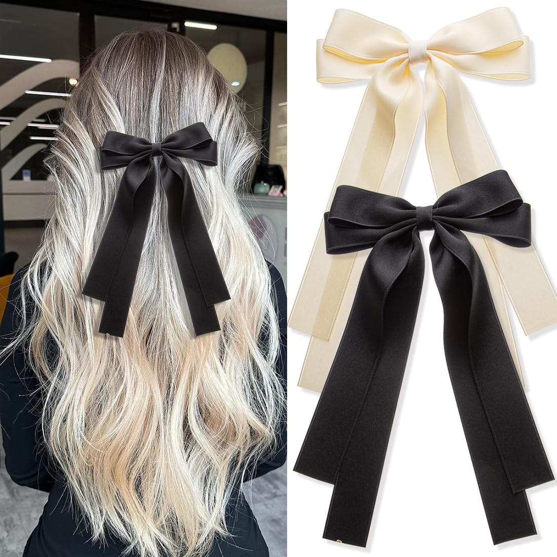 Ruban à nœud double couche pour femmes transfrontalières, pompon, queue de cheval, épingle à cheveux, long cordon de serrage, pince à bec de canard, coiffure en stock_voghion.com