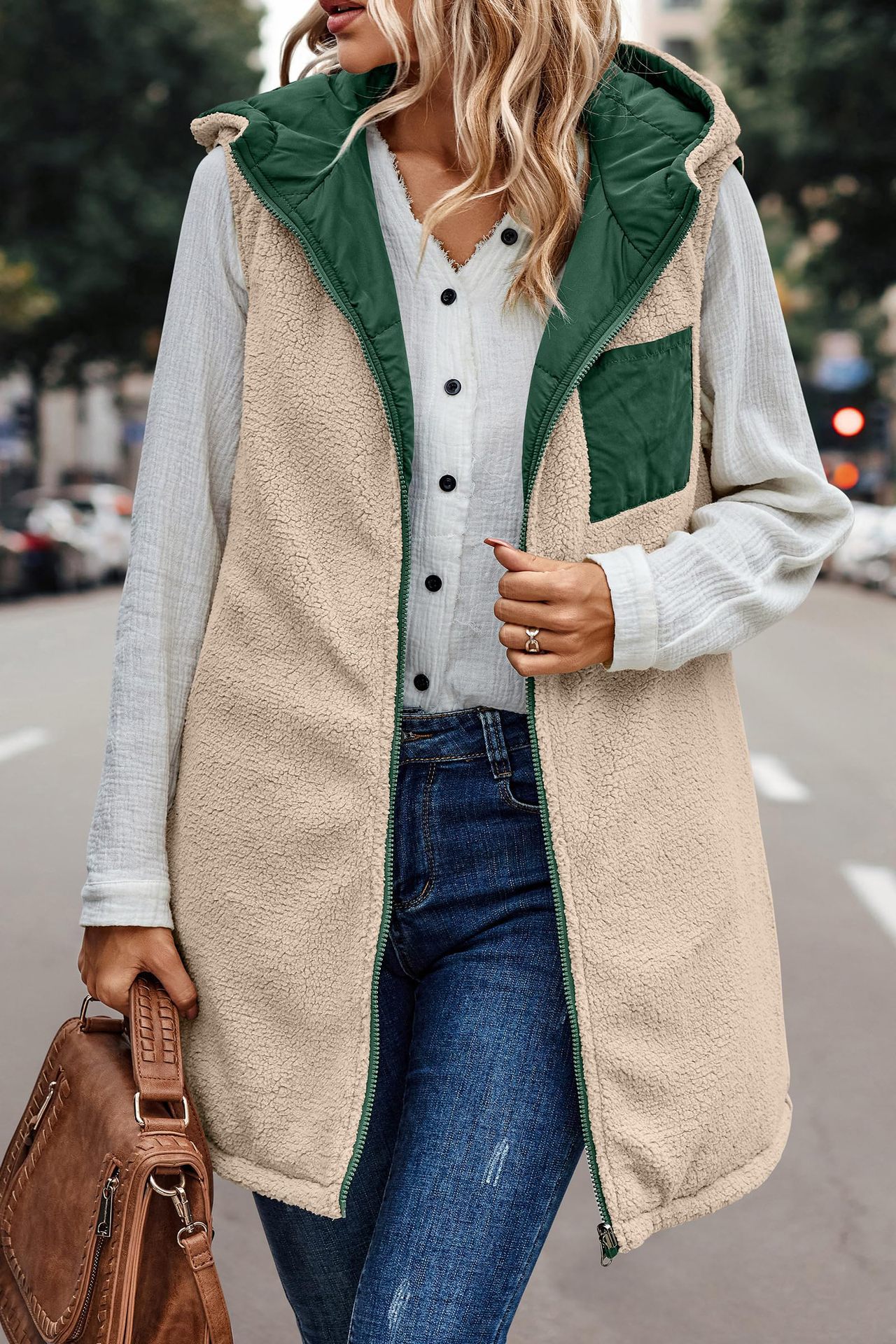 In stock 2023 new European and American solid color hooded cotton-padded vest double-sided warm cardigan windproof coat_voghion.com