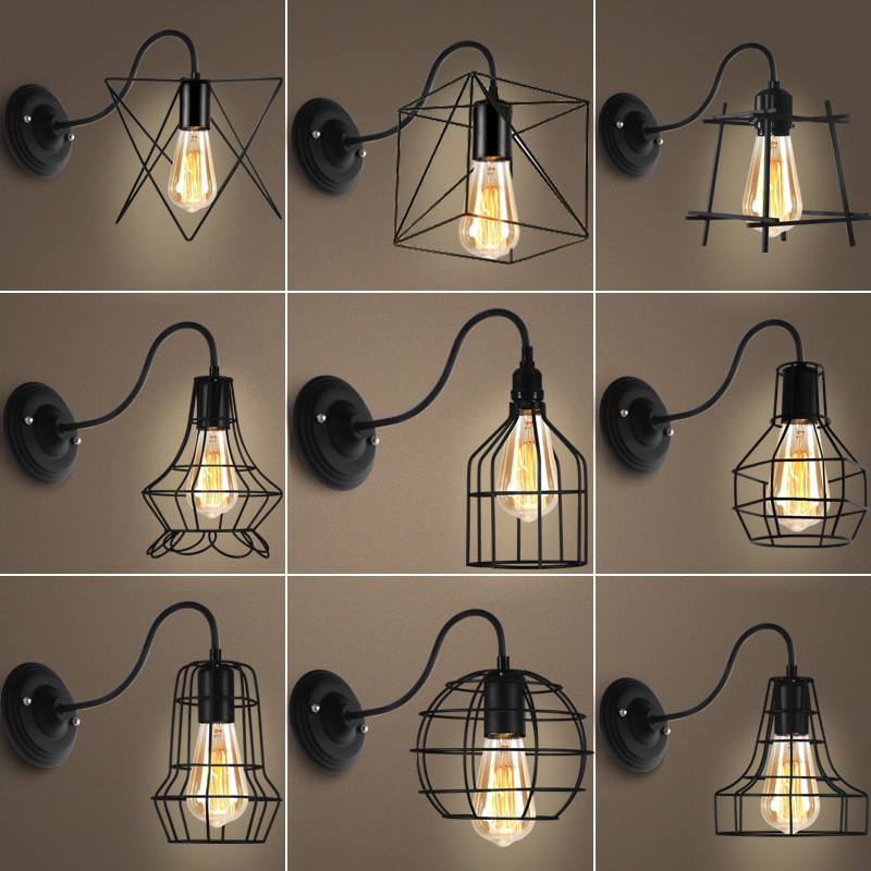 Nordic retro aisle bedside industrial style single-head stairs balcony net bar restaurant iron geometric creative wall lamp