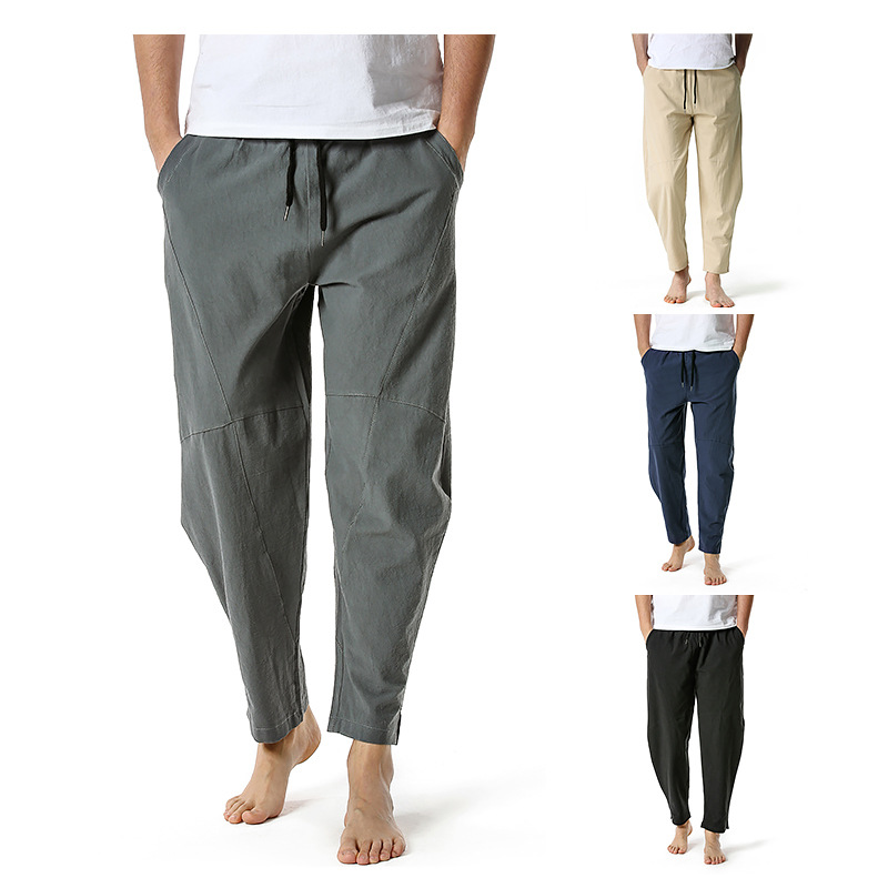 Men's linen cotton loose casual lightweight elastic waist pants yoga pants home pants K04