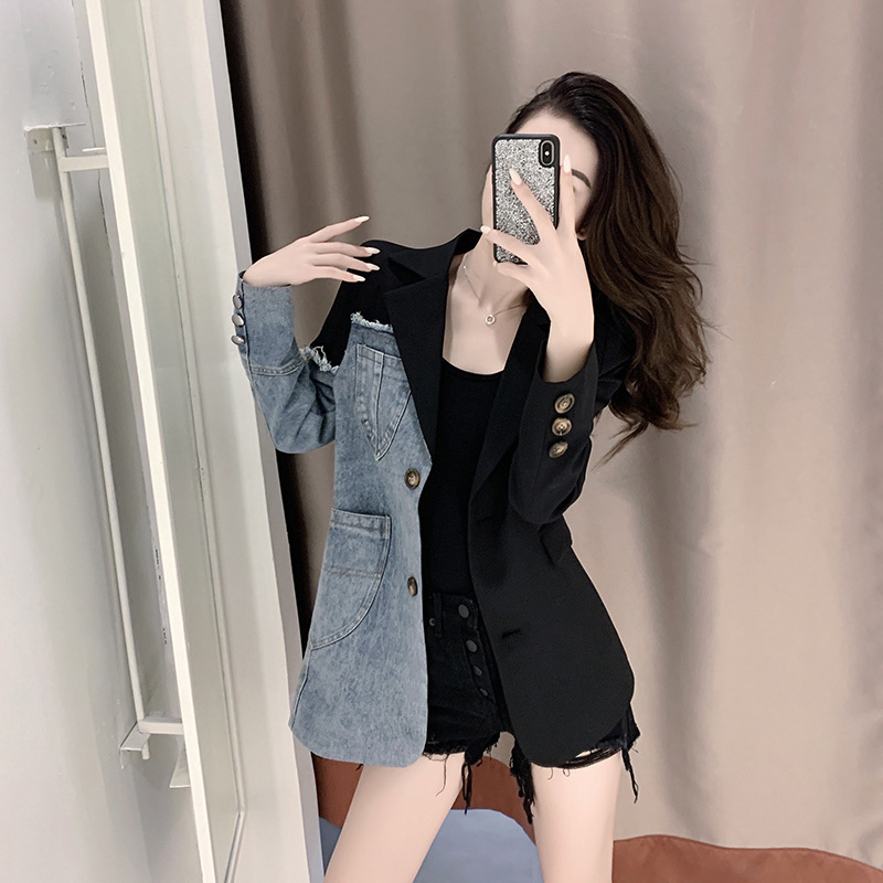 Fried street loose Denim stitching suit jacket for women Spring and Autumn new design asymmetric temperament contrast color top fashion