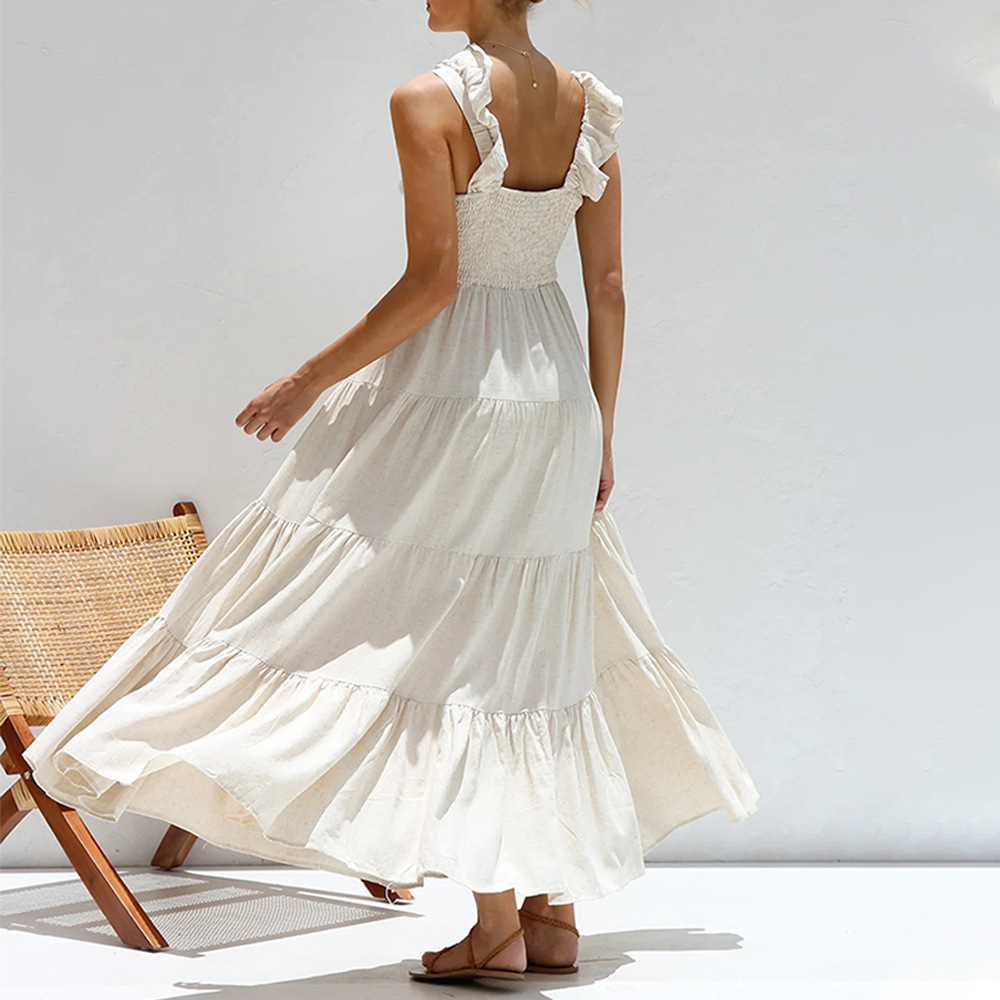2024 spring and summer European and American cross-border V-neck sexy cotton linen sleeveless solid color lace strap holiday beach dress