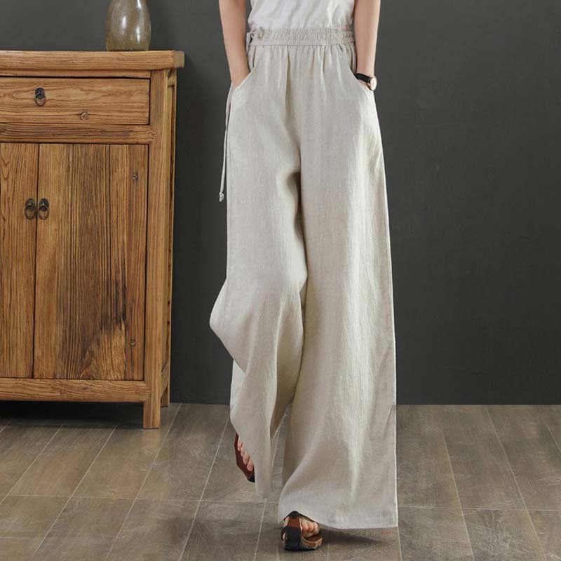 In the summer of 2024, the new artistic loose solid color cotton and linen elastic waist wide leg pants pants women's casual pants #9793#