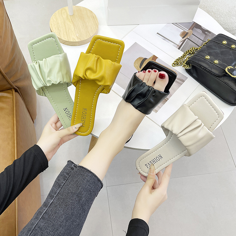 Flat Heel Slippers Women's New Summer 2020 Korean Style Outer Wear Fashionable Pleated Sandals Square Head Fairy Style Slippers