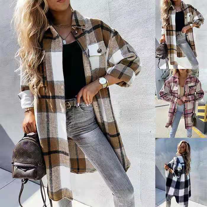 Amazon AliExpress New European and American Style Straight Single Breasted Plaid Long Sleeve Shirt Large Size Jacket