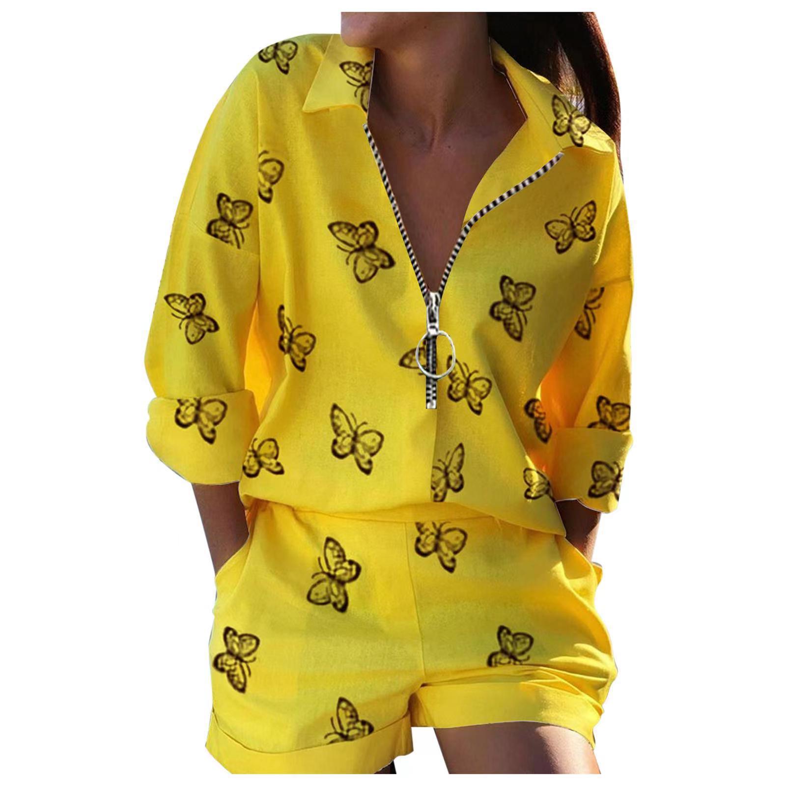 Cross-border Amazon 2023 Women's New Autumn Fashion Set Long Sleeve Printed Zipper Top Shorts Two-piece Set