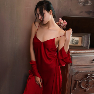Cross-border AliExpress Nightgown Women's Summer Two-piece Thin Ice Silk Nightgown Morning Robe Bathrobe Spring and Autumn Sling Nightgown