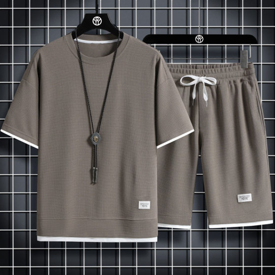 Waffe Sports Casual suit Men's Summer Thin Loose plus size Short-sleeved T-shirt Shorts Set of Handsome Collocation