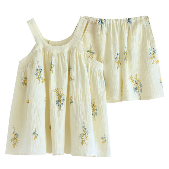 Simple Printed Pajamas Women's Spring and Summer Loose Casual Home Clothes Sling Set Women's Cotton Yarn Two-piece Set