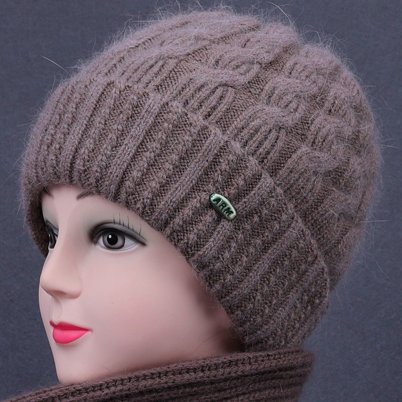 Middle-aged and elderly knitted hat and scarf integrated women's autumn and winter mother's wool hat thickened warm grandma cotton hat wholesale