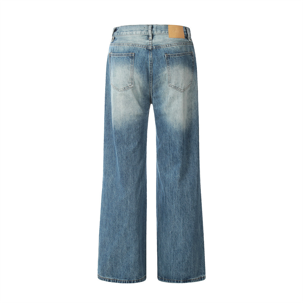 Contrast color spray paint wash Denim straight trousers men's high street American INS casual loose wide leg mop pants fashion