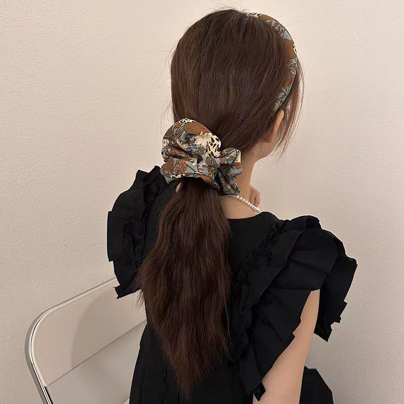 Korean Style Summer New Floral Bowel Ring French Grey Pink Printed Hair Ring High-grade Satin Net Red Hair Rope for Women