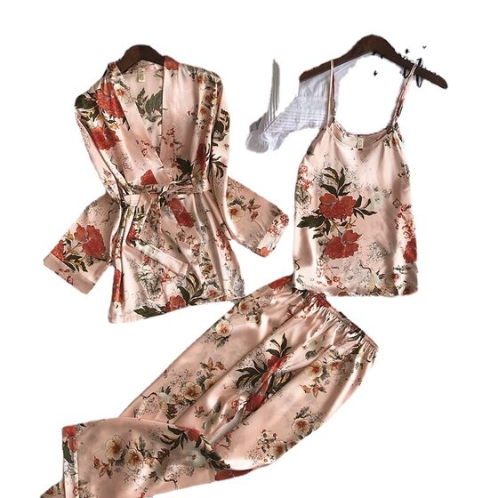 2023 new European and American color home dress nightgown three-piece fashion comfortable lace pajamas set Wholesale