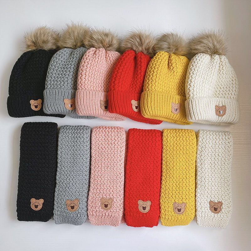 Cappello sciarpa guanti per bambini autunno e inverno set tre pezzi completo invernale caldo foderato in pile per ragazzi e ragazze berretto di lana orso_voghion.com