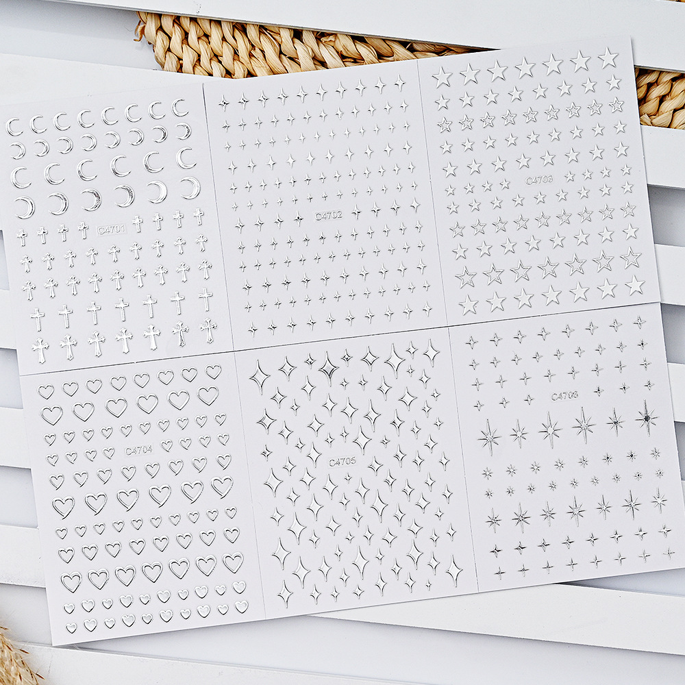 New liquid metal silver nail sticker y2g Millennium style Cross Heart star love small size pattern nail sticker