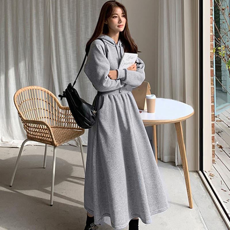 Autumn and winter sweater dress South Korea cross-border new hooded plus size slimming waist-tight student solid color dress women's clothing dress