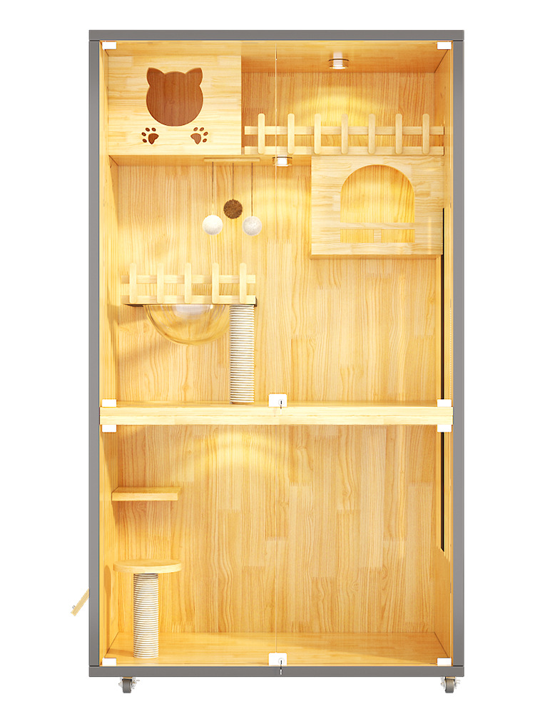 Wooden Cat Cage Pet Shop Cat Cabinet with Wheels Cat Villa Cat House Cat House Household Indoor Solid Wood Multi-Layer Cat Climbing Rack