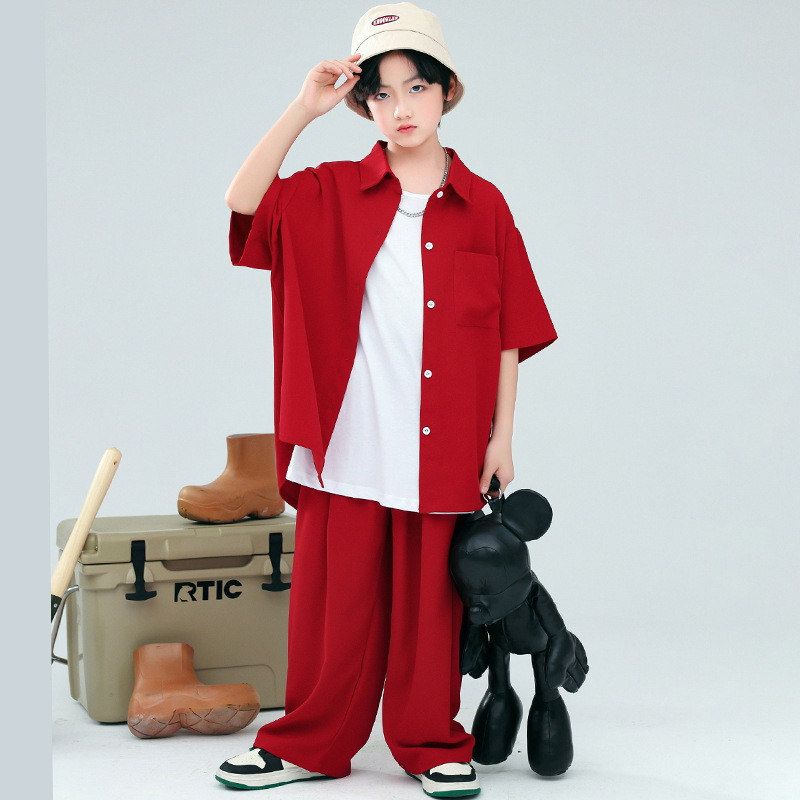 少兒街舞演出服嘻哈寬鬆hiphop酒紅襯衫套裝男童爵士舞兒童潮服女