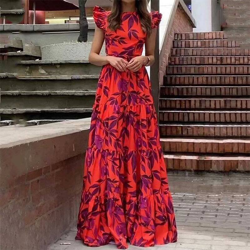 Amazon 2023 Summer New European and American Women's Fashion Printed Elegant Flying Sleeve High Waist Long Dress