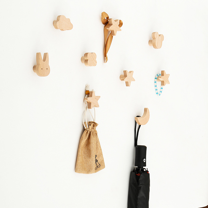 Creative Wooden Animal Star Hook Sticky Hook Solid Wood Scandinavian ins Style Wall Hanging Decorative Handle Clothes Hook