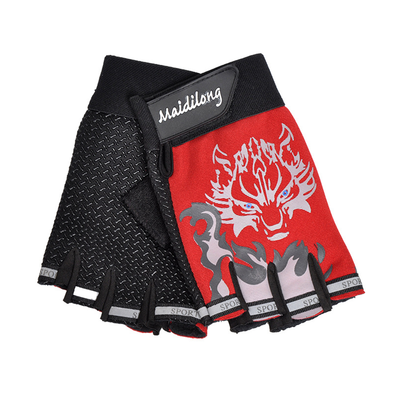 Half Finger Gloves Men's and Women's Autumn and Winter Sports Riding Breathable Fleece-Lined Children's Finger Half Warm Non-Slip Wolf Head Gloves
