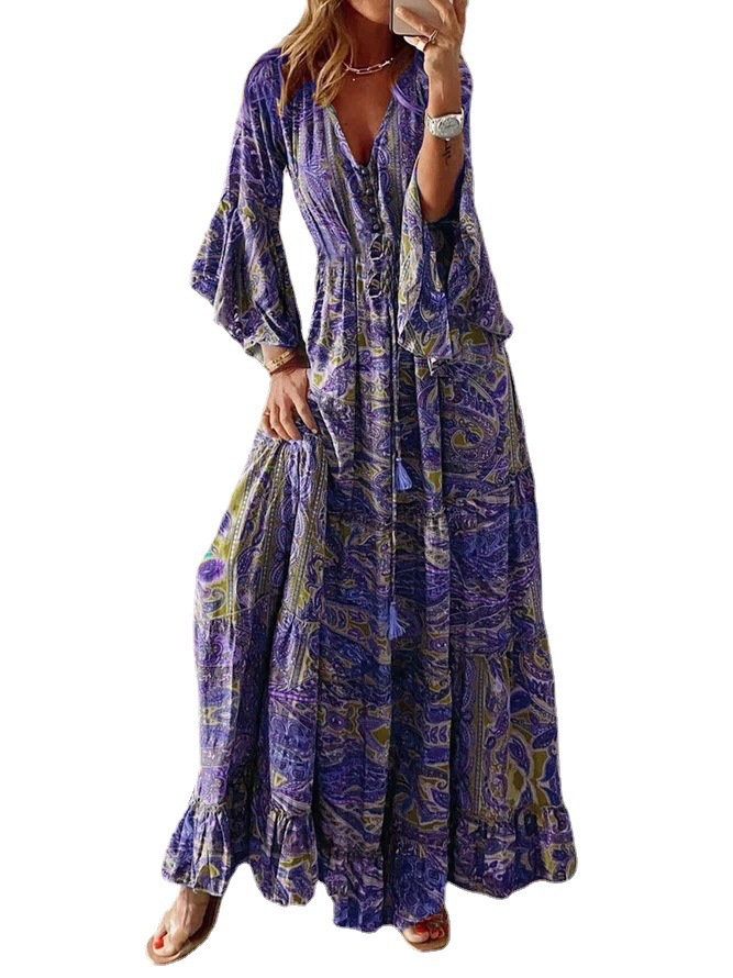 European and American Cross-border Bohemian Flare Sleeve Printed V-neck High Waist dress Floral Long Dress