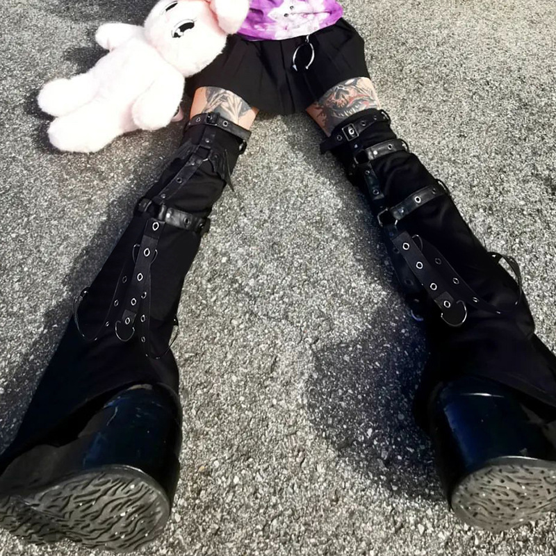 Amazon European and American Diablo Punk Style Sweet Cool Spice Girls Corn Eyes Metal Buckle Decorative Flared Pants Knitted Leg Socks Leg Cover