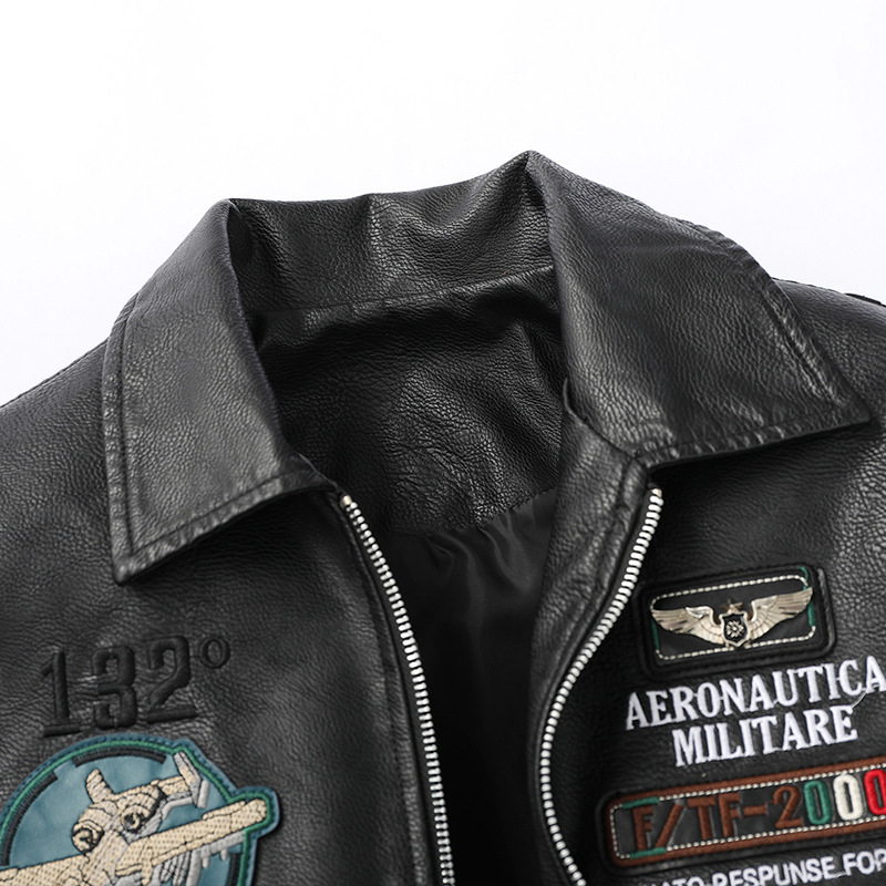 2022 Spring and Autumn New Military-style Aviator Leather Jacket Jacket Men's Large Size Slim-fit Lapel Embroidered Men's Leather Jacket