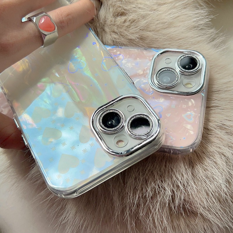貝殼紋愛心適用iPhone14promax手機殼11鏡頭膜閃粉13保護套15女款