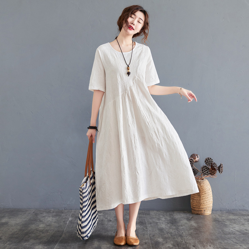 Fat MM real shot 2024 summer new loose simple jacquard irregular large size cotton and linen dress wholesale for women