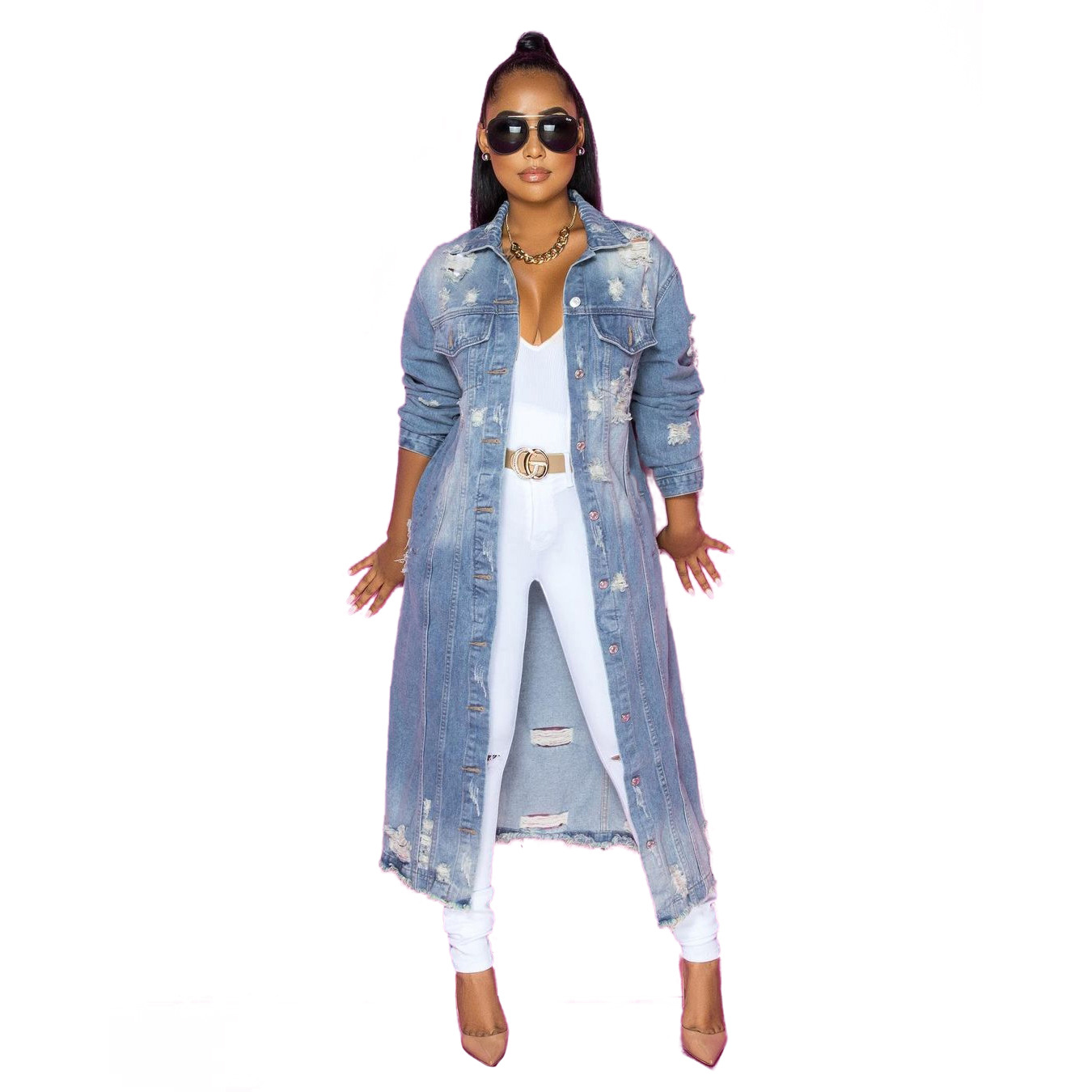 6083 Amazon supply European and American fashion women's ripped long sleeve denim trench coat cardigan denim cape