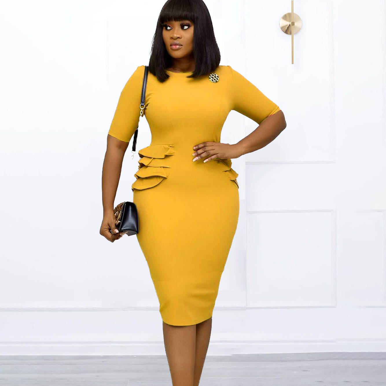 Women Summer Office Professional Formal Wear Dress Pure Color Pleated Cotton Polyester Fabric Short Sleeve Urban Style