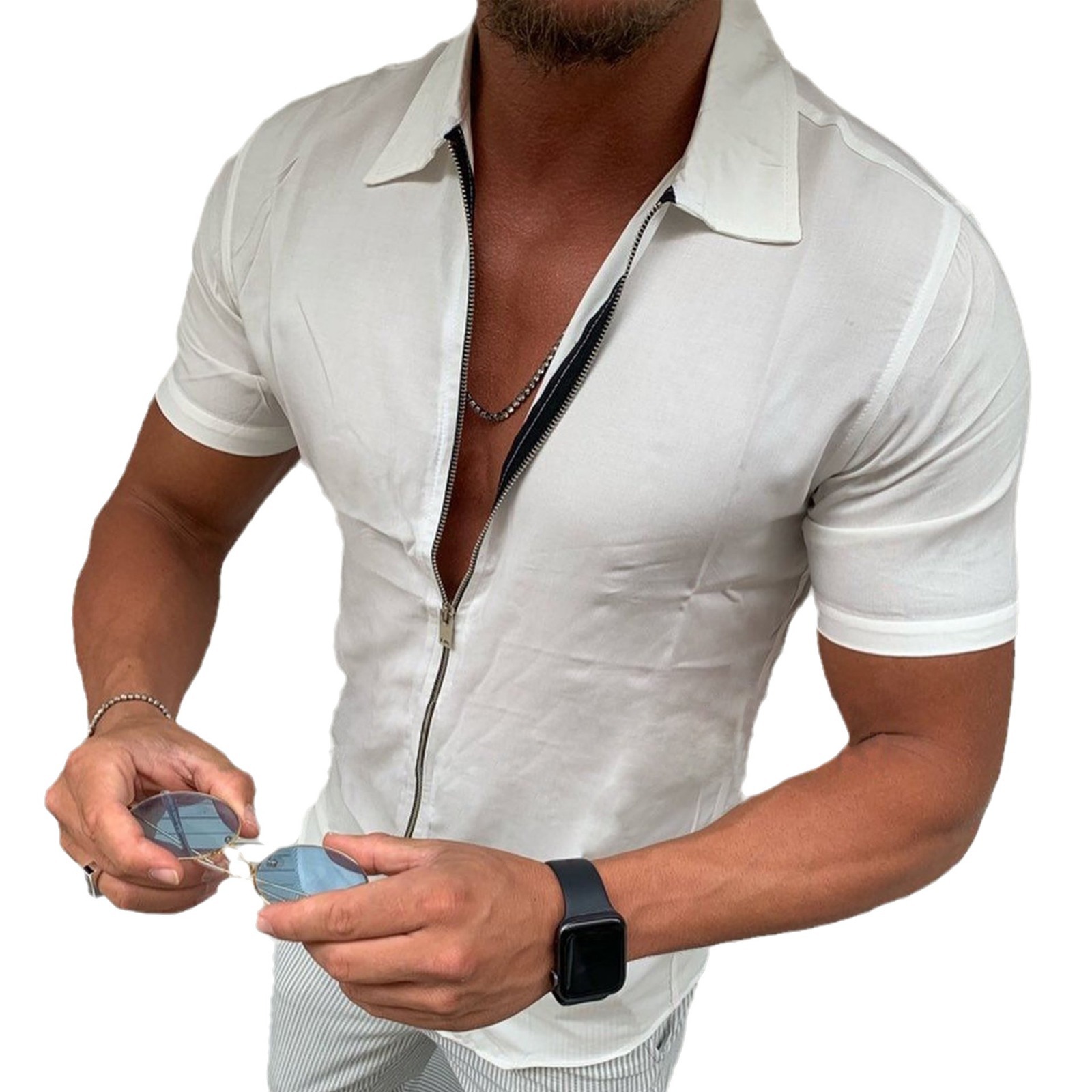 Foreign Trade 2022 Summer Cross-border Men's Solid Color Zipper Short-sleeved Shirt Slim-fit Men's Casual Lar Cardigan