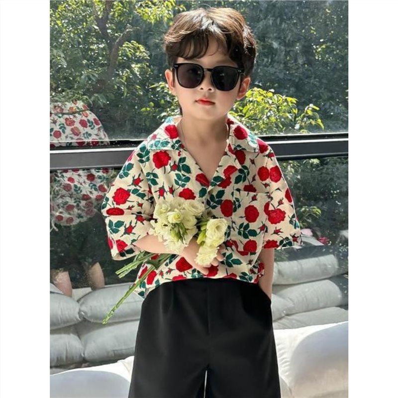 Boys' Hong Kong Style Flower Shirt Summer Children's Wear 2023 New Baby Top Fried Street Children's Short-sleeved Loose Shirt Trendy