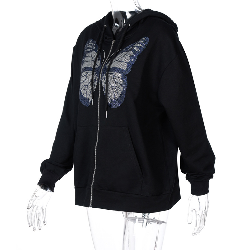  Autumn and Winter European and American Clothing Casual Loose Jacket Tops Butterfly Hot Diamond Print Long Sleeve Hooded Sweatshirt for Women